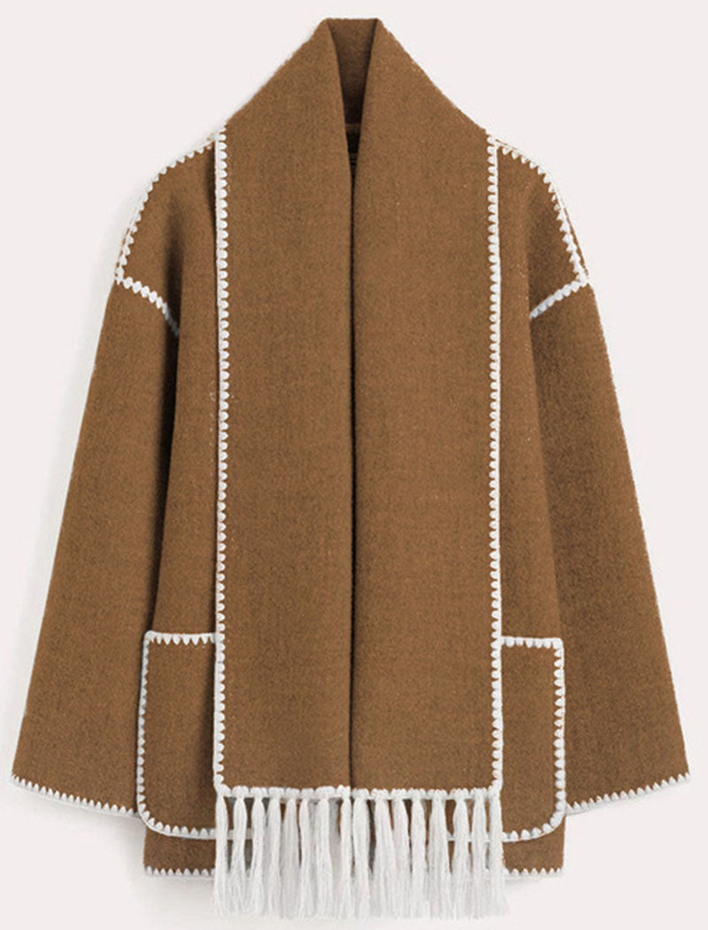 Fringe Trim Oversized Shawl Coat