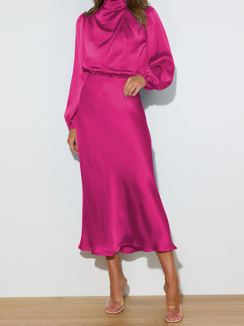 High-Neck Long-Sleeve Midi Dress