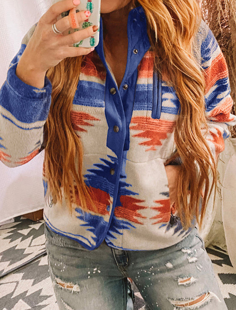 Aztec Print Button-Up Fleece Jacket