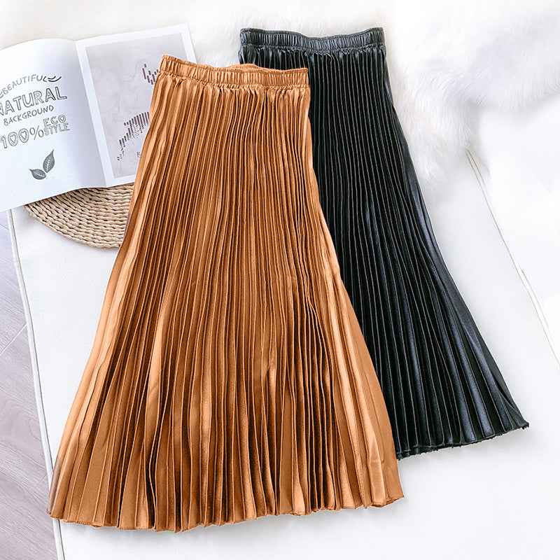 Pleated Metallic A-Line Midi Skirt