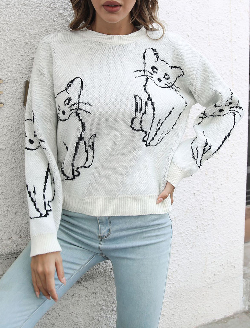 Cat Graphic Knitted Pullover Sweater