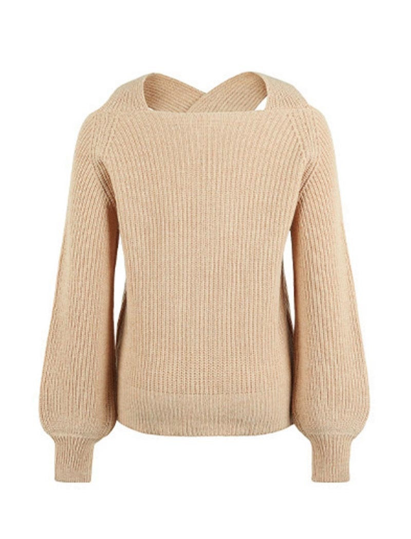 Cross-back Halter Neck Balloon Sleeve Knit Sweater