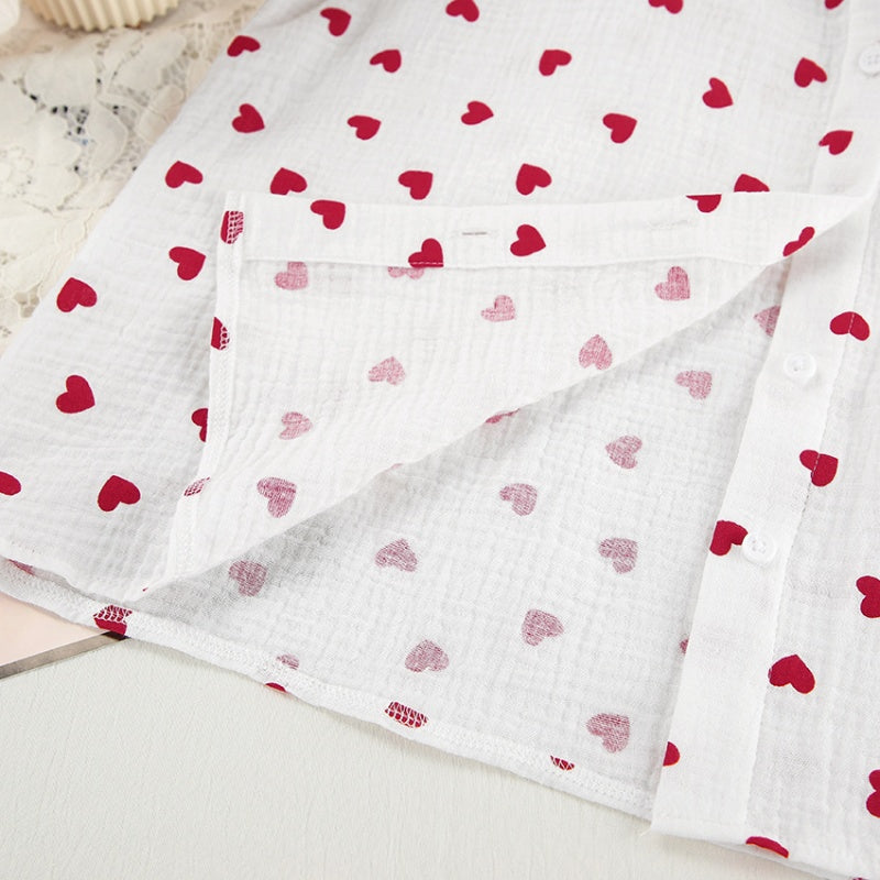 Heart Print Pajama Set with Feather Trim