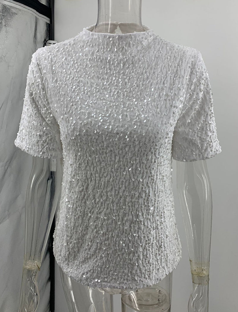 Round Neck Velvet Sequin Short Sleeve T-Shirt