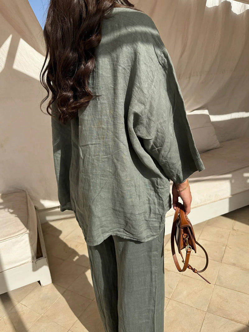 Oversized Button-Up Shirt and Wide-Leg Pants Set