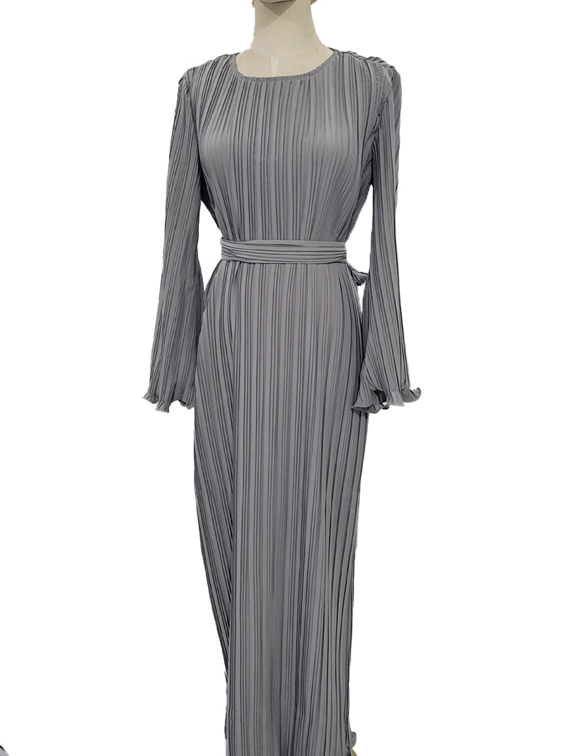 Pleated Long-Sleeve Maxi Dress