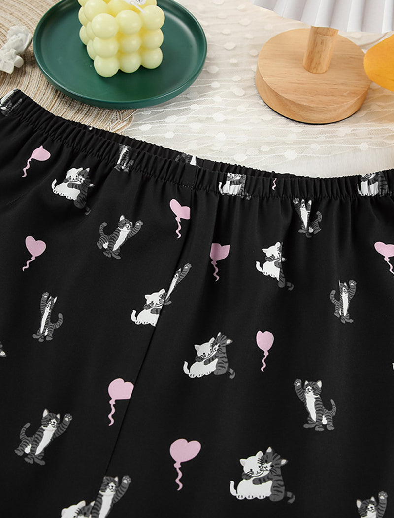 Satin Pajama Set with Cat Print