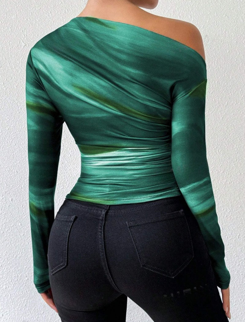 One-Shoulder Long-Sleeve Ruched Top