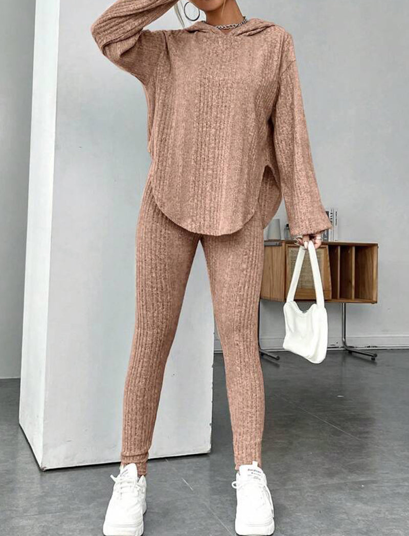 Solid Ribbed Loose Hooded Pants Set