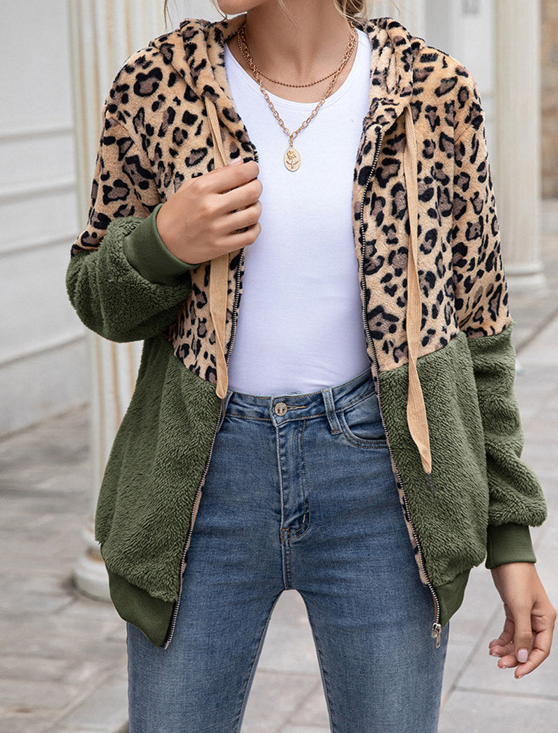 Leopard Print Sherpa Zip-Up Hoodie