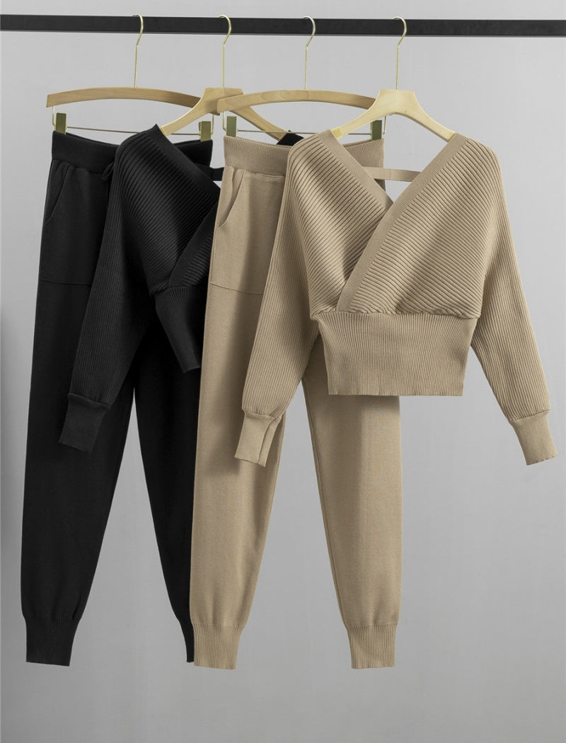 Ribbed Knit Cross-Front Lounge Set