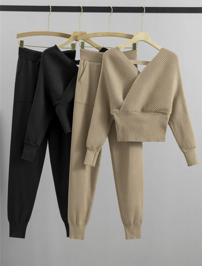 Ribbed Knit Cross-Front Lounge Set