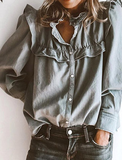 Ruffled Button-Up Denim Blouse