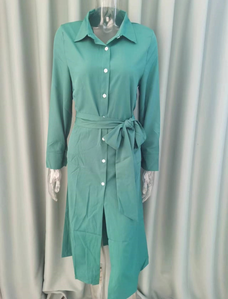 Belted Shirt Dress with Front Slit