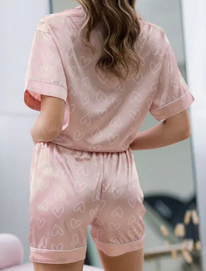 Short-Sleeve Heart-Print Satin Pajama Set