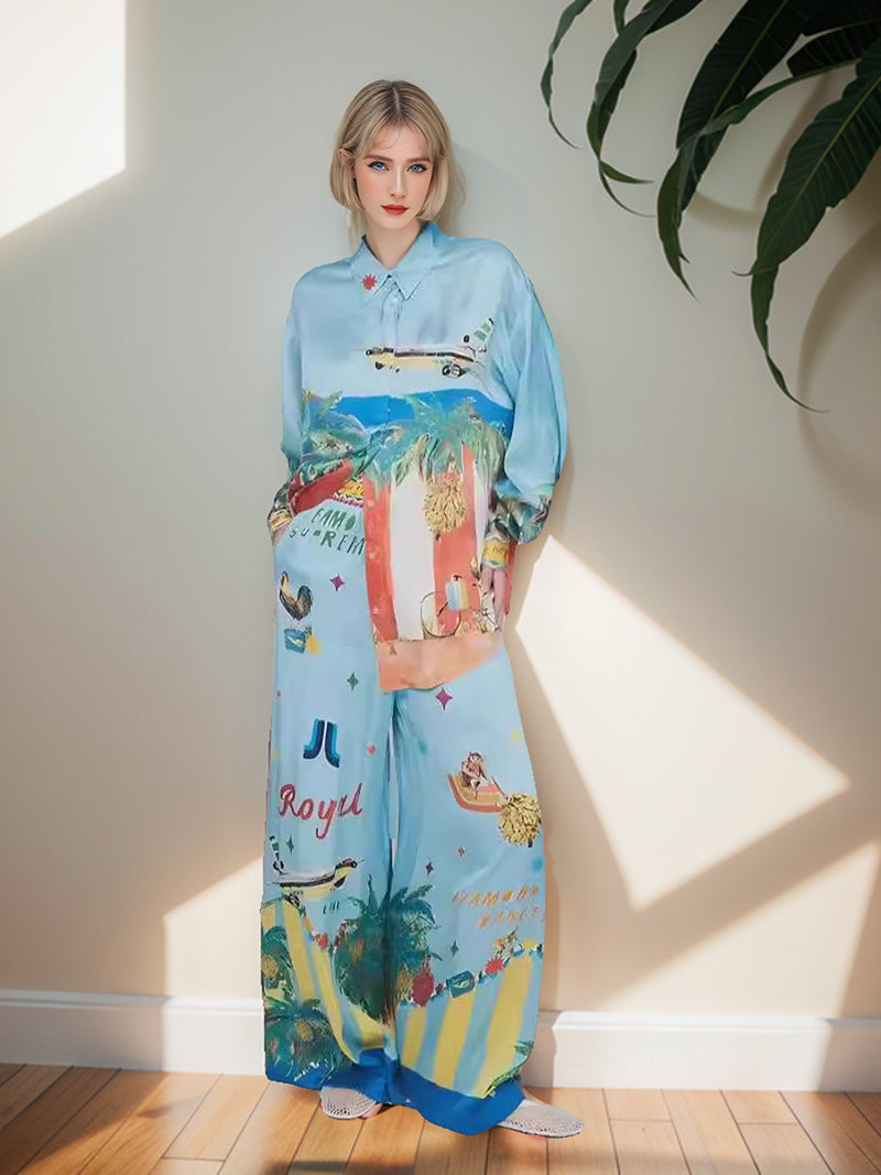 Graphic Long-Sleeve Top and Wide-Leg Pants Set