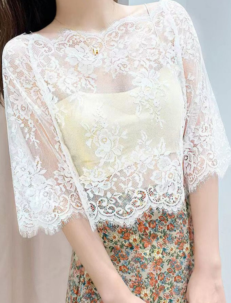 Floral Lace Overlay Sheer Blouse