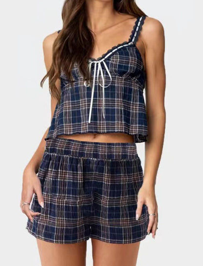 Color Block Plaid Cami Top and Bermuda Shorts Loungewear Set