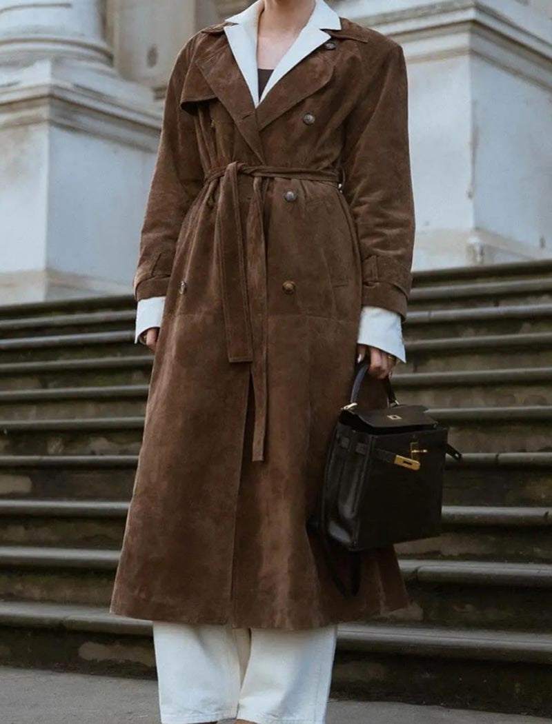 Suede Trench Coat with Tie Waist