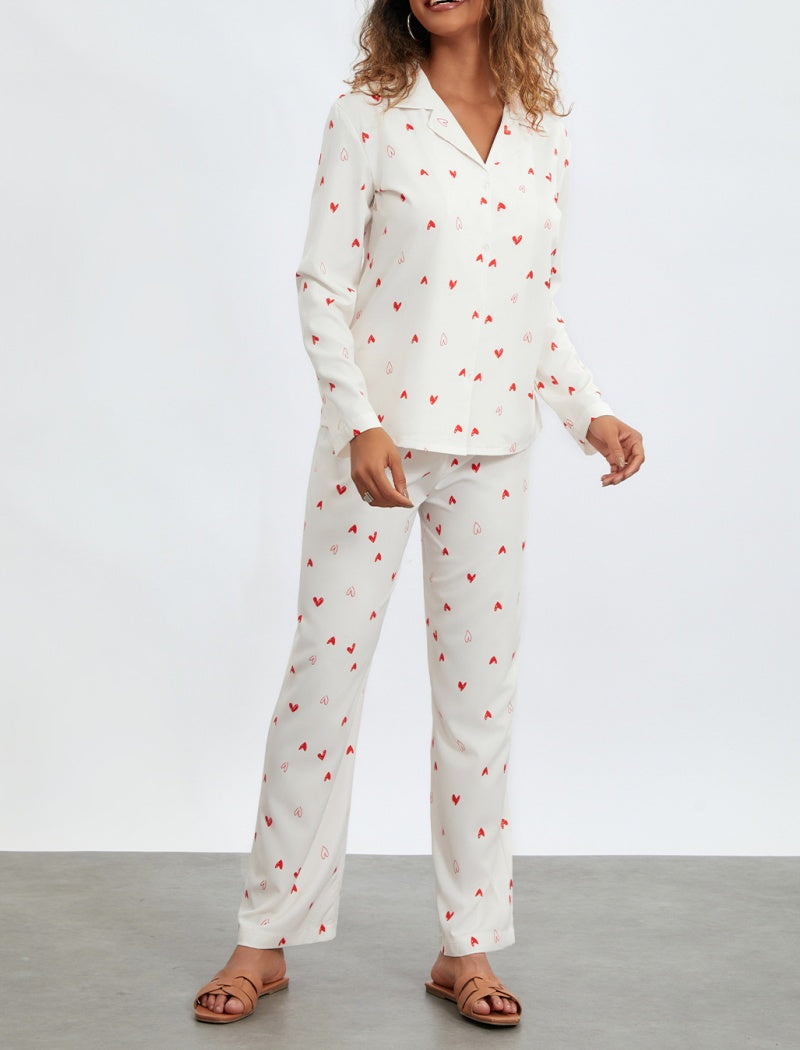Heart Print Pajama Set with Long Sleeves