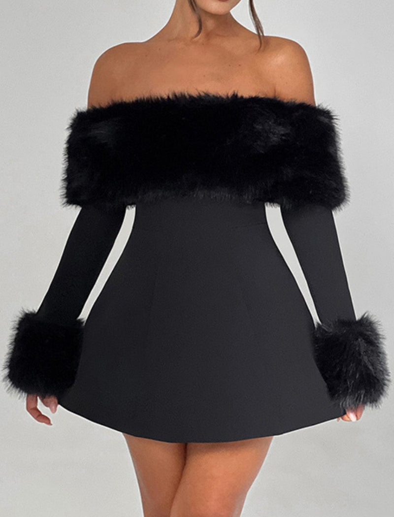 Off-Shoulder Faux Fur Trim Mini Dress