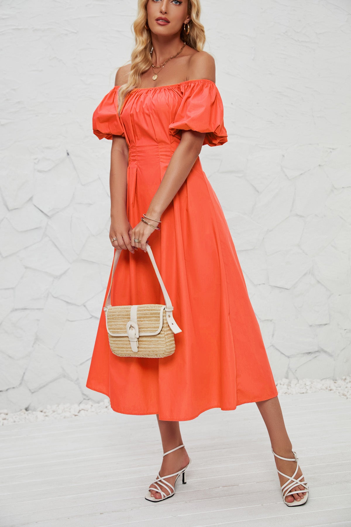 DVL407011D Off-Shoulder Puff Sleeve Midi Dress