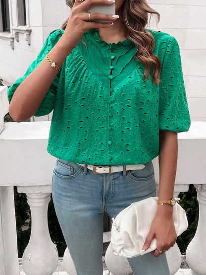 DVI407038T Eyelet Puff-Sleeve Button-Up Shirt