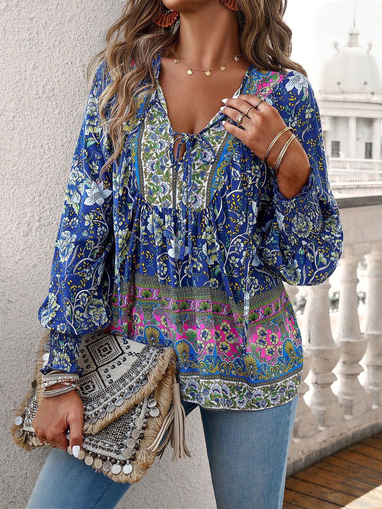 DVI407039T Boho Floral Print Peasant Shirt