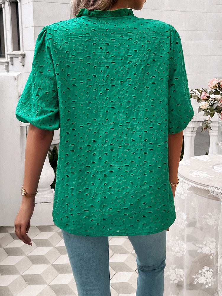 DVI407038T Eyelet Puff-Sleeve Button-Up Shirt