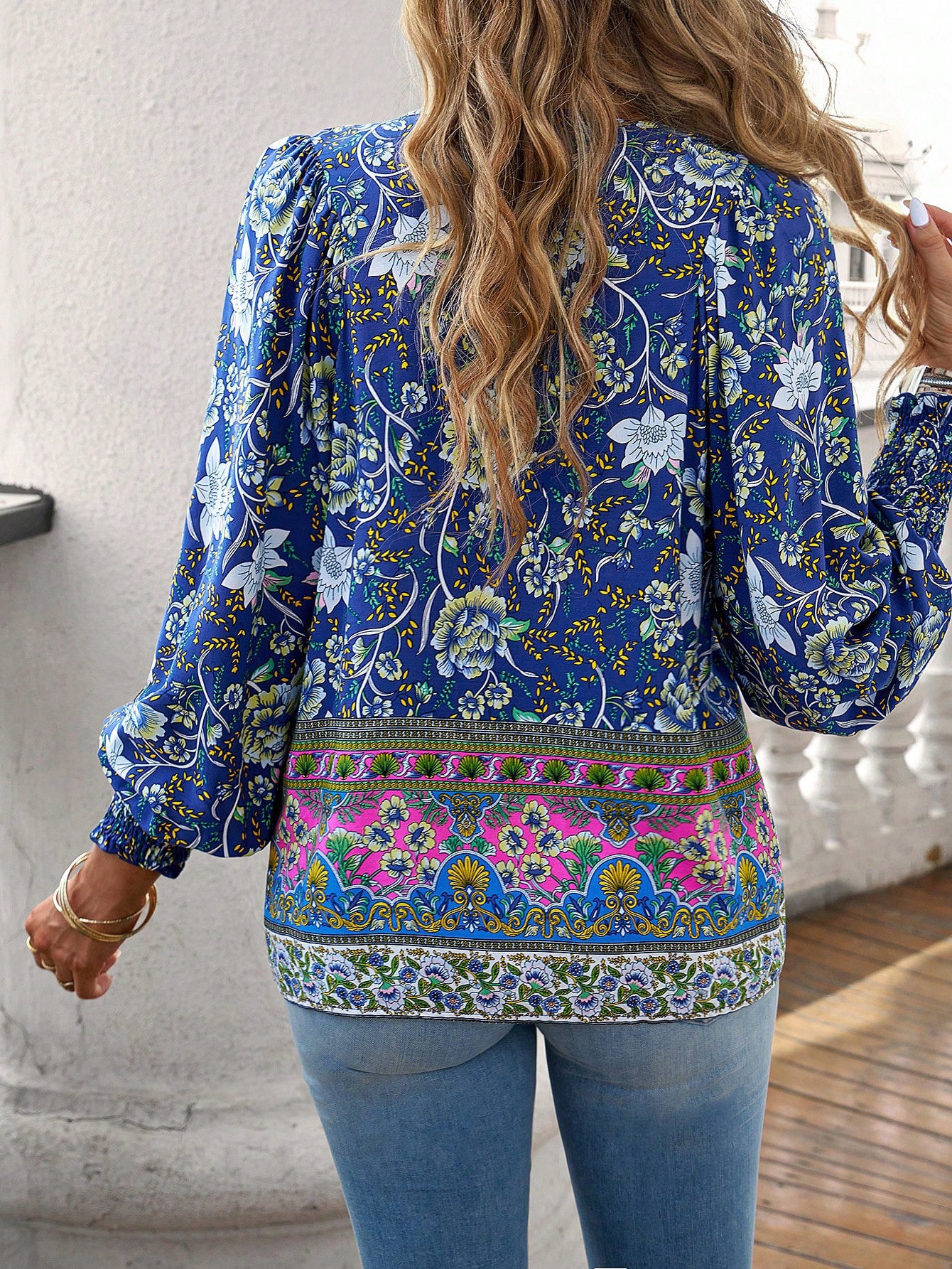 DVI407039T Boho Floral Print Peasant Shirt