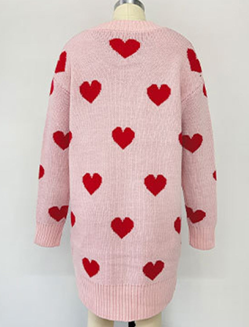 Heart Pattern Cardigan with Pockets