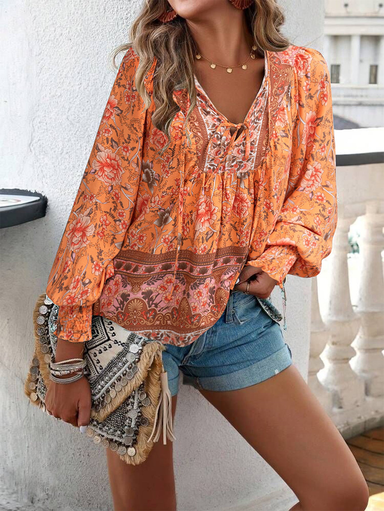 DVI407039T Boho Floral Print Peasant Shirt