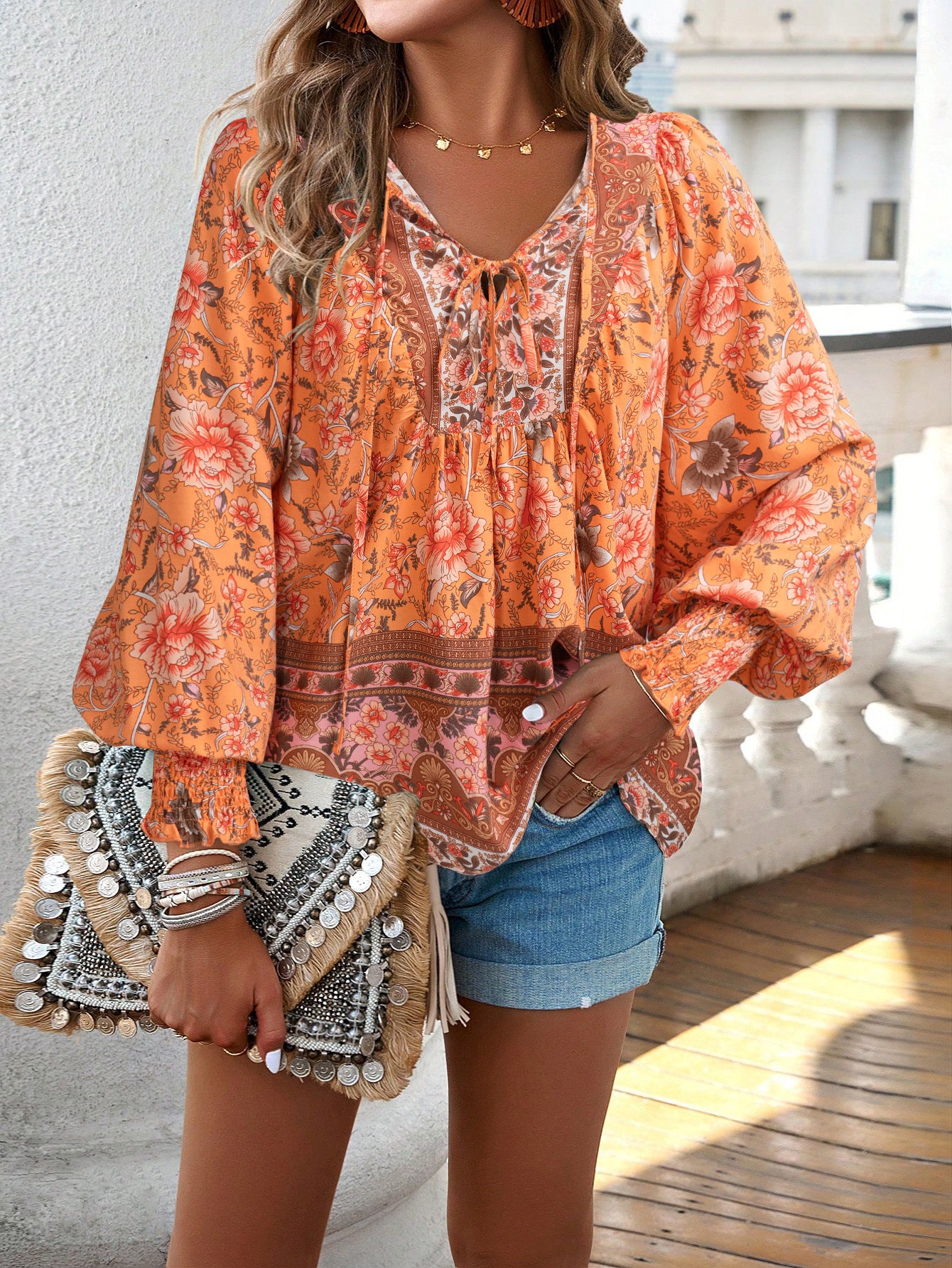 DVI407039T Boho Floral Print Peasant Shirt