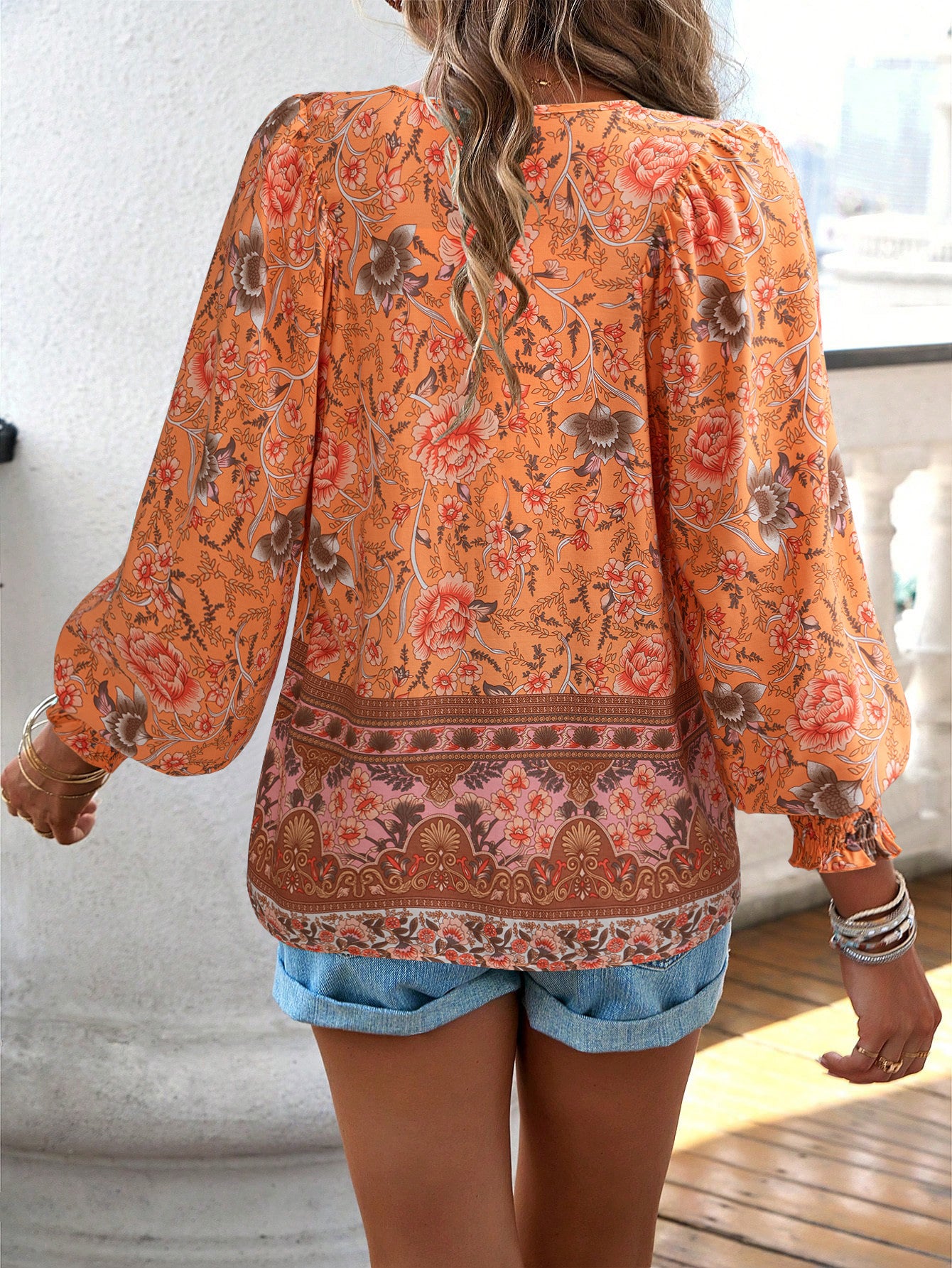 DVI407039T Boho Floral Print Peasant Shirt