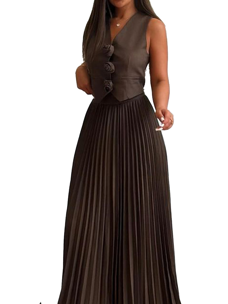 Rosette Vest and Pleated Maxi Skirt Set