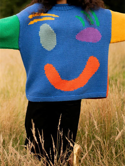 Smile Print Colorblock Pullover Sweater