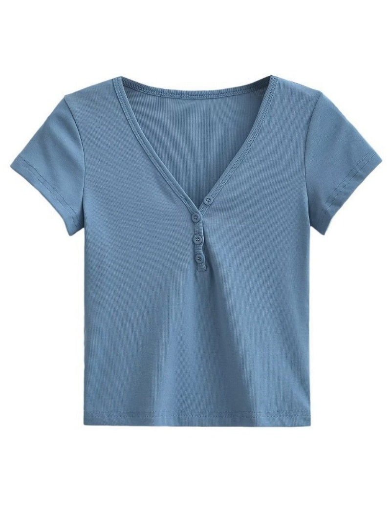 V-Neck Buttoned Short Sleeve Tee