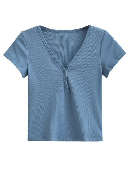 V-Neck Buttoned Short Sleeve Tee