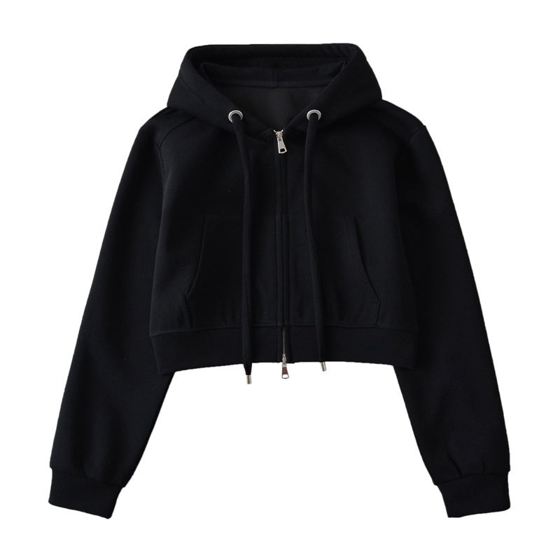 Cropped Zip-Up Hoodie with Drawstrings