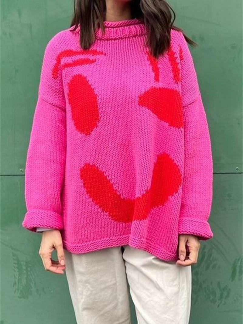 Smile Print Colorblock Pullover Sweater