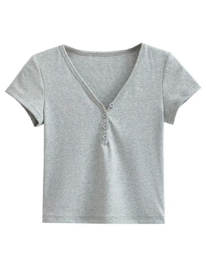 V-Neck Buttoned Short Sleeve Tee
