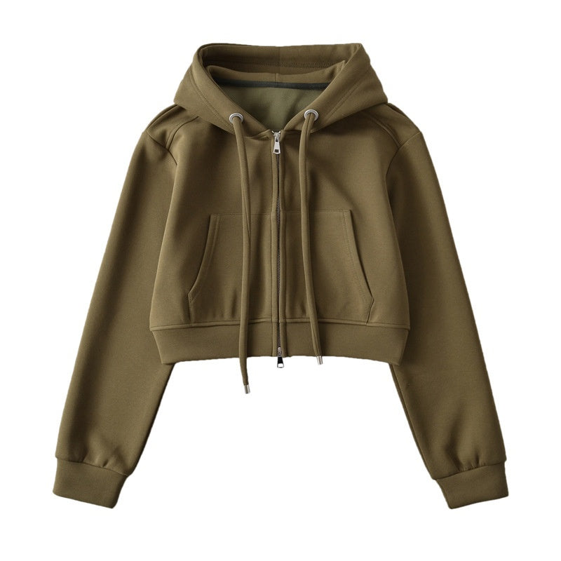 Cropped Zip-Up Hoodie with Drawstrings