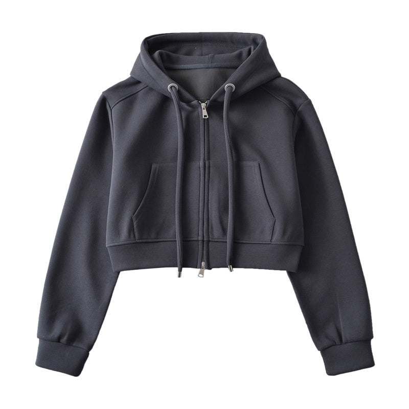 Cropped Zip-Up Hoodie with Drawstrings