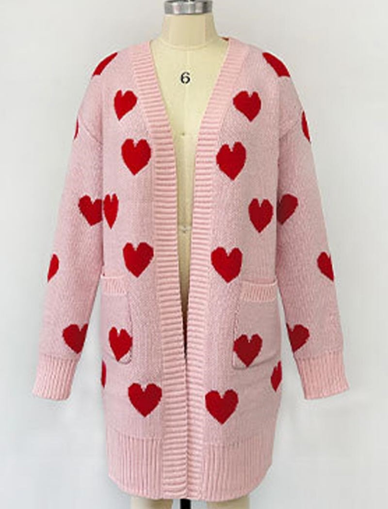 Heart Pattern Cardigan with Pockets