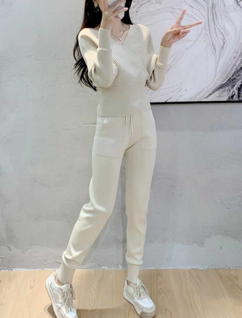 Ribbed Knit Cross-Front Lounge Set