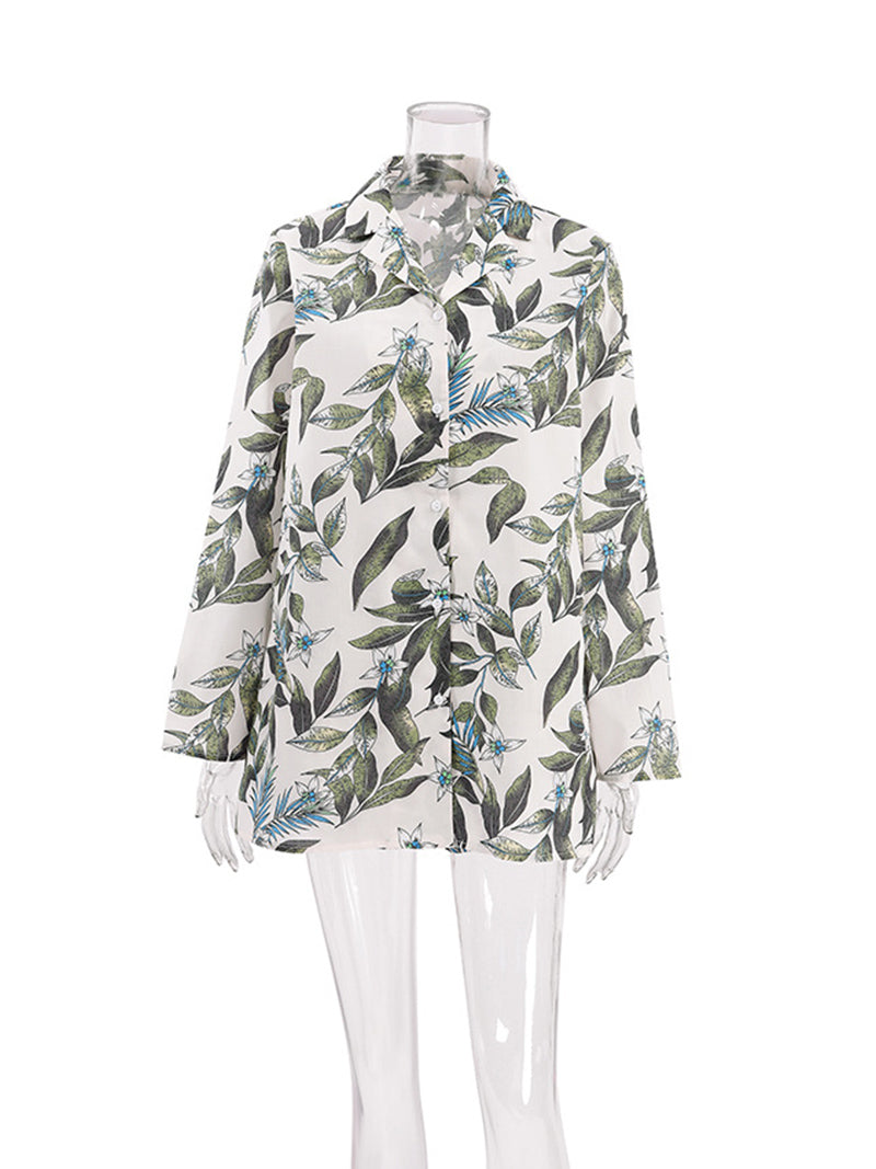 Tropical Leaf Print Shirt and Shorts Set