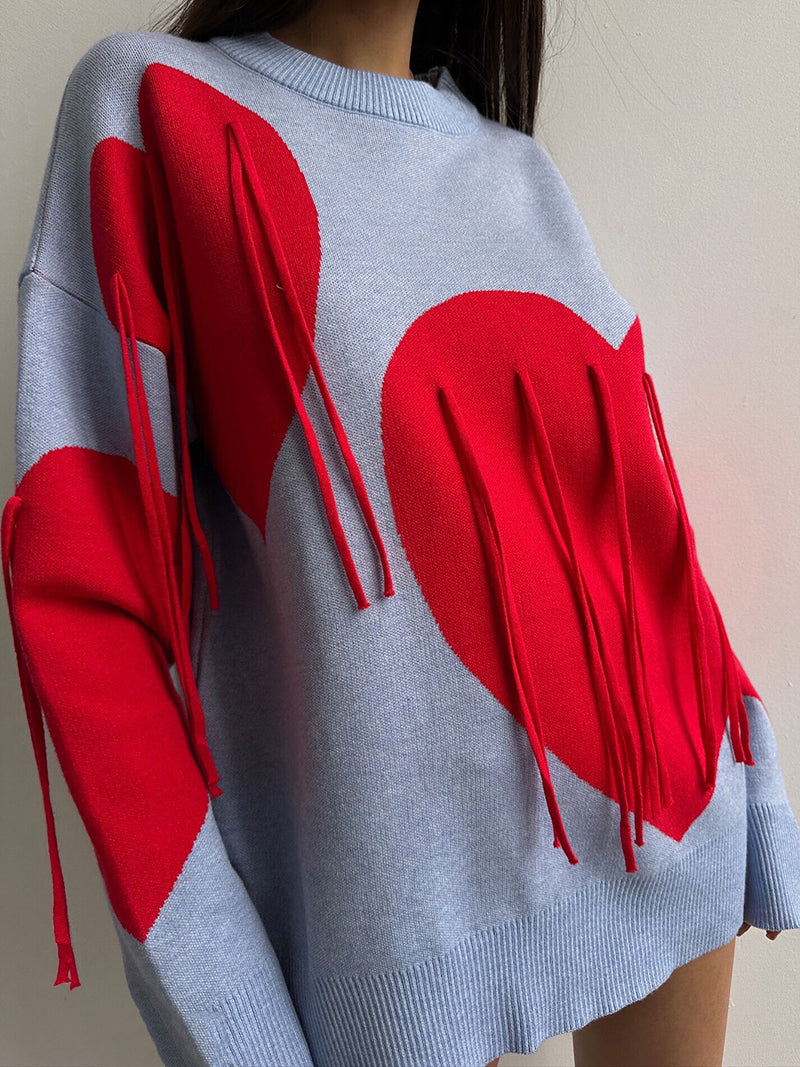 Heart Graphic Fringe Sweater