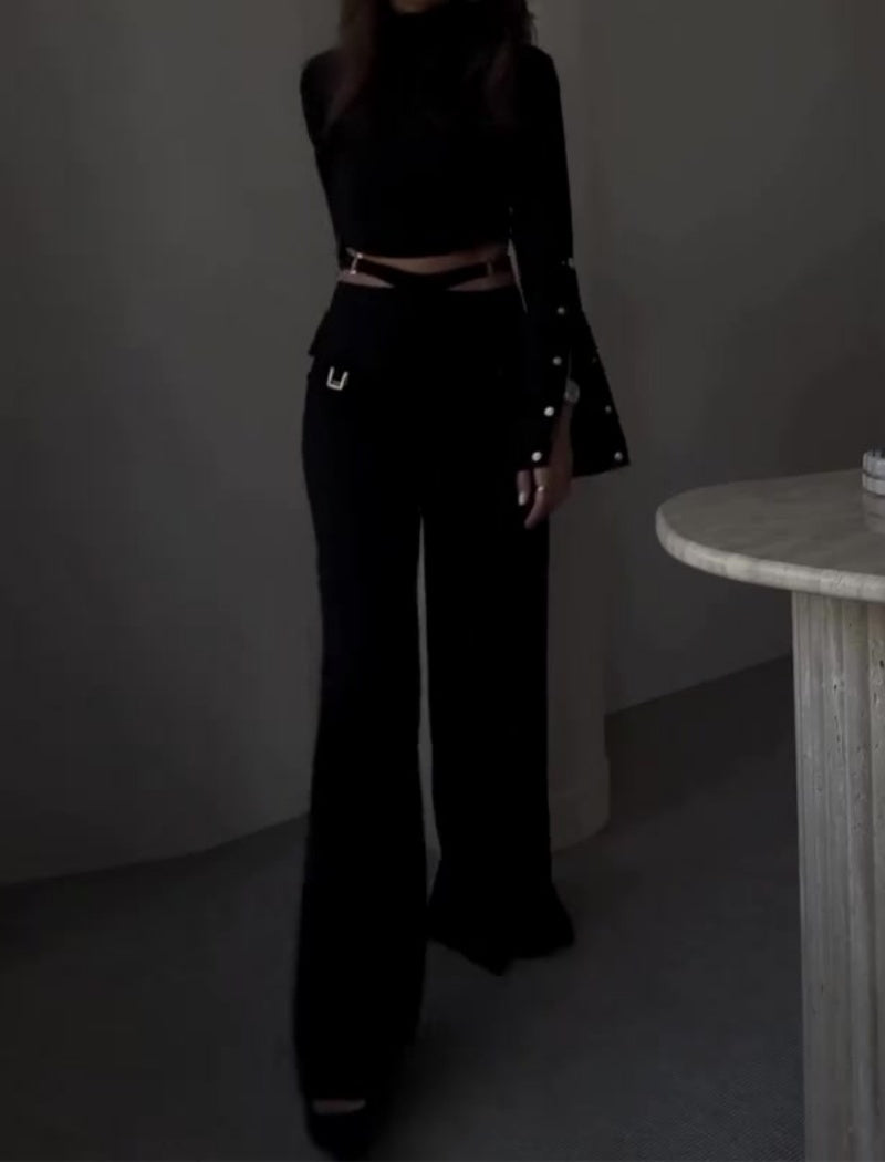 High Neck Crop Top and Wide Leg Pants Set