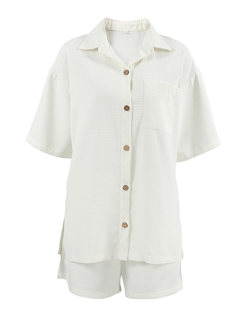 Waffle Button-Up Shirt and Shorts Set