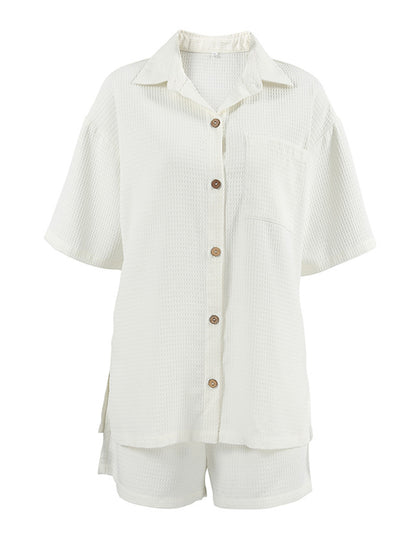 Waffle Button-Up Shirt and Shorts Set